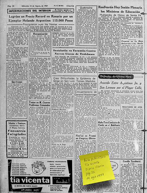 Tía Vicenta anuncia el lanzamiento de la revista en el diario Clarín el miércoles 14 de agosto de 1957.