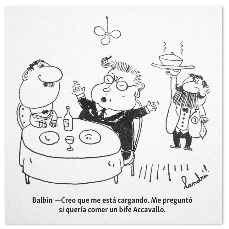 Viñeta de Landrú titulada Japonés en la que le ofrecen al político radical Ricardo Balbín un bife accavallo para comer 1966