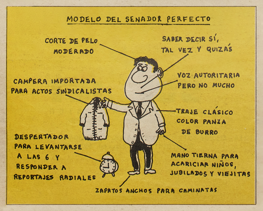 Ilustración explicativa de Landrú con descripciones satíricas del “modelo del senador perfecto”, publicada en la revista Gente en 1992.