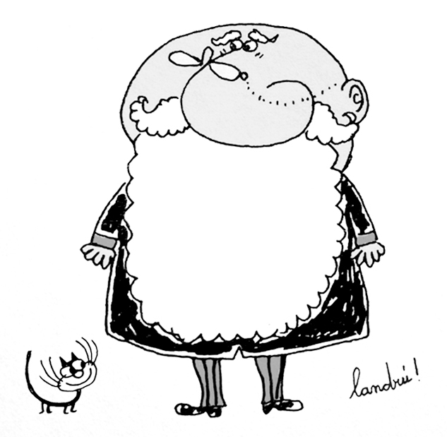 Ilustración humorística que muestra a un viejito calvo, con una gran barba blanca que cubre casi todo su cuerpo. A su lado aparece el clásico gato de Landrú, sonriente, mirando hacia arriba. Revista Gente, 1973.