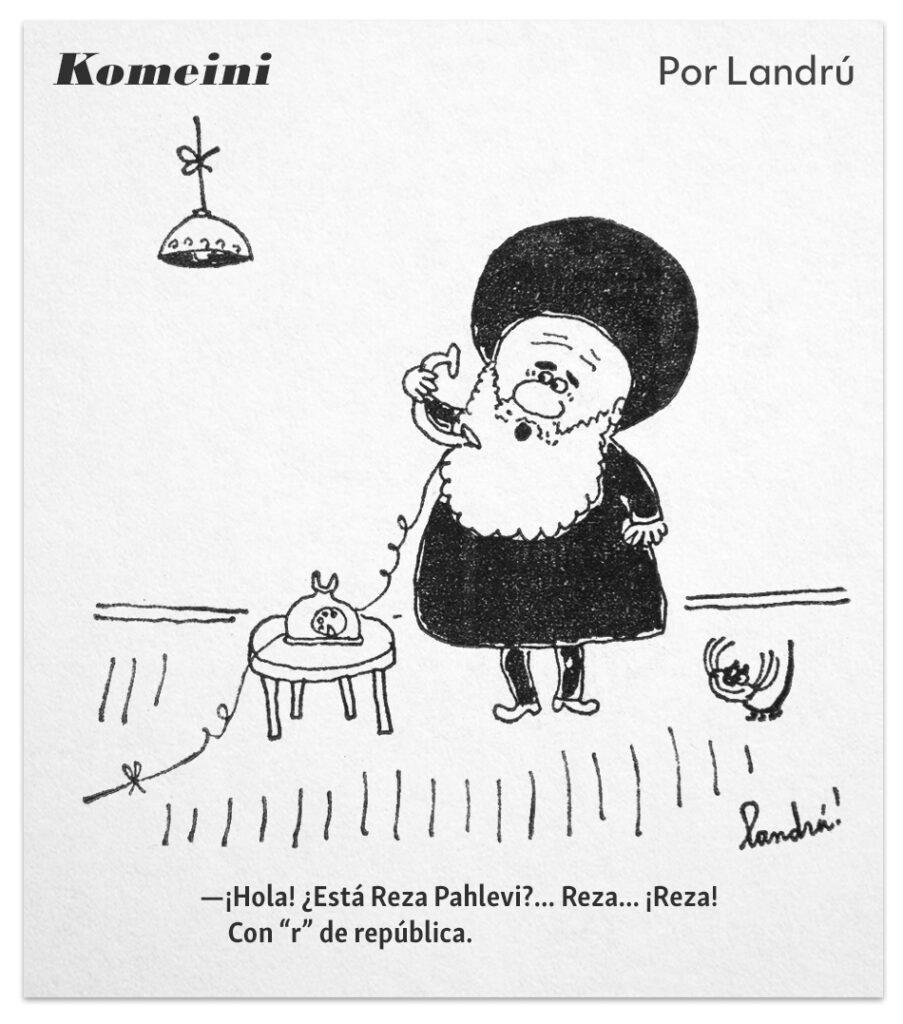 Jomeini llama al Sha tras la Revolución Islámica. Landrú. Clarín, 1979.