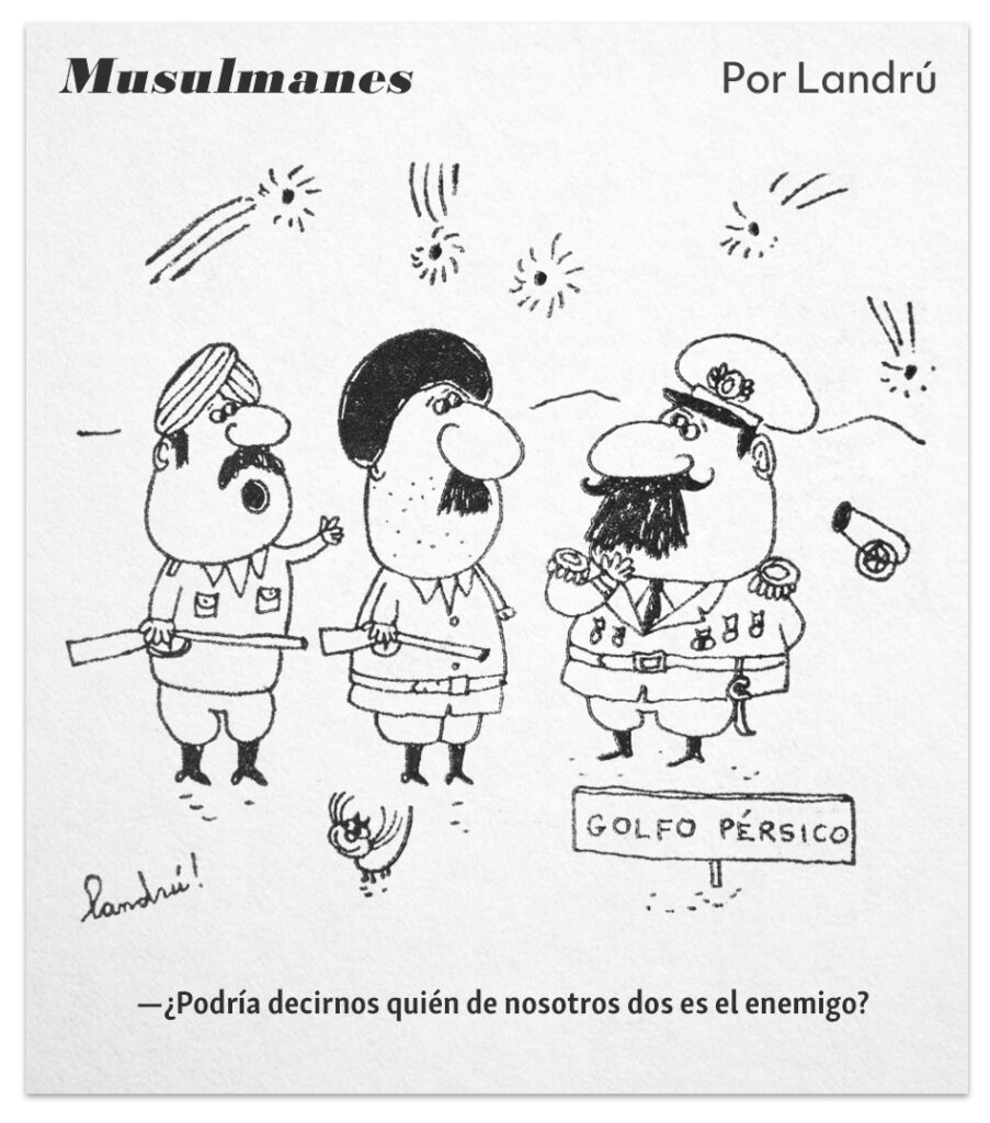 La confusión de alianzas en el Golfo Pérsico, retratada con una sola pregunta. Landrú. Clarín, 1980.