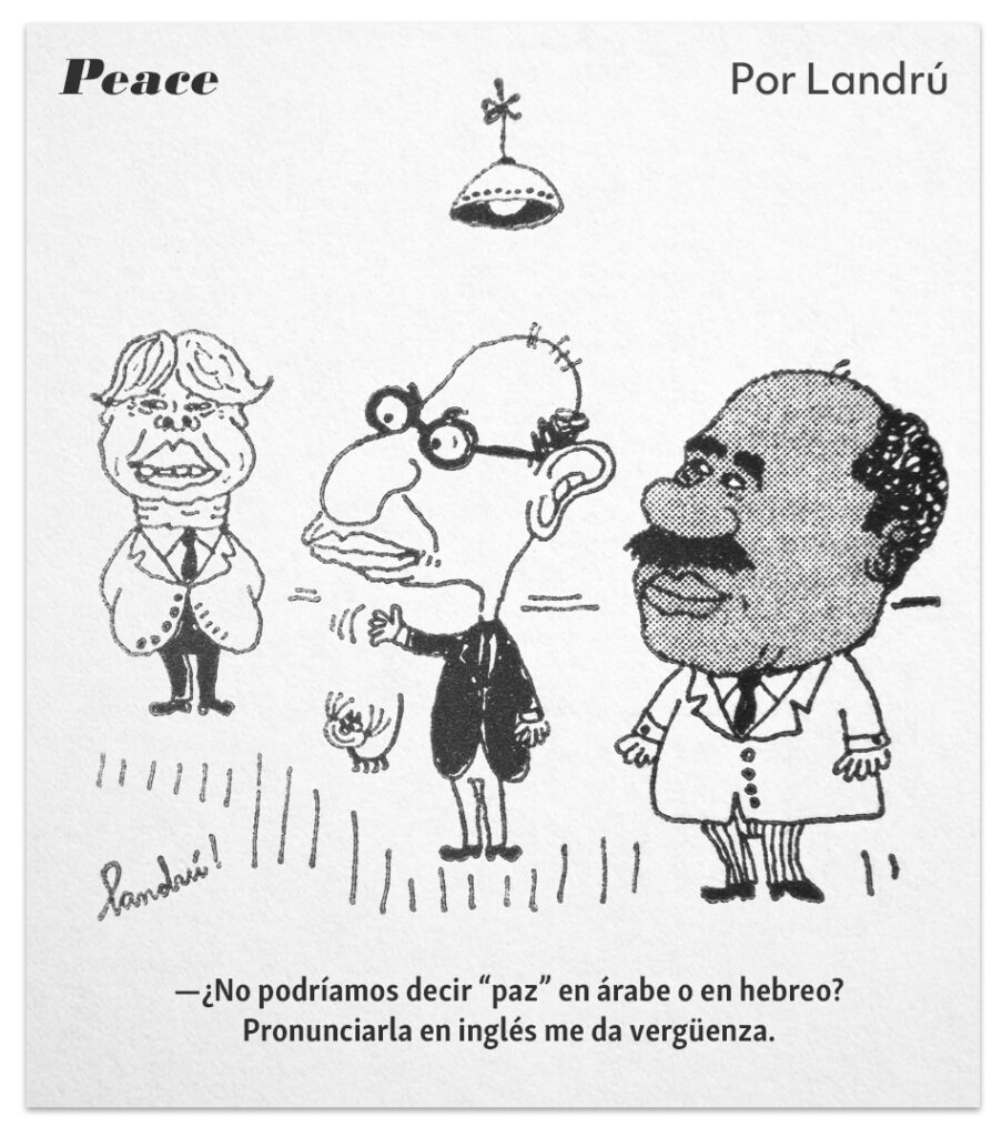 Carter, Begin y Sadat, días después de firmar el tratado de paz entre Israel y Egipto. Landrú. Clarín, 1979.